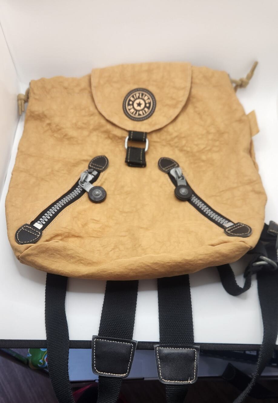 Vintage Kipling Fundamental Backpack Tan 12x12 Drawstring Nylon Rucksack